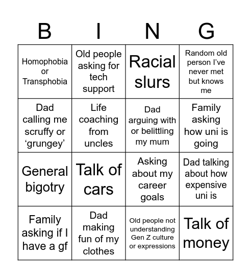 Family gathering bingo Card