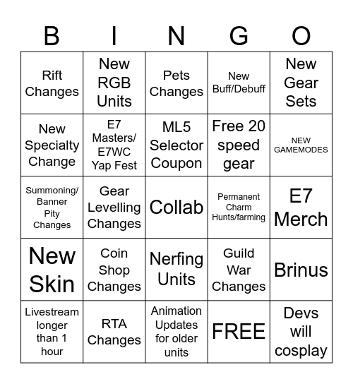 E7 8th Anniversary Bingo Card