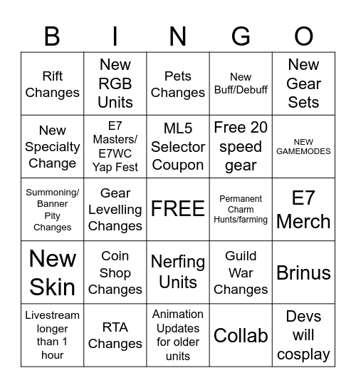 E7 8th Anniversary Bingo Card