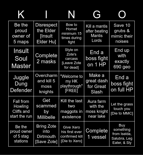Hollow Knight Bingo Card