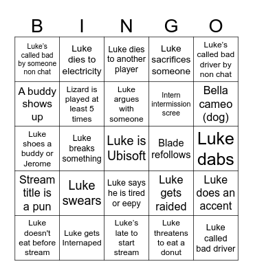 Luke Stream Bingo Card