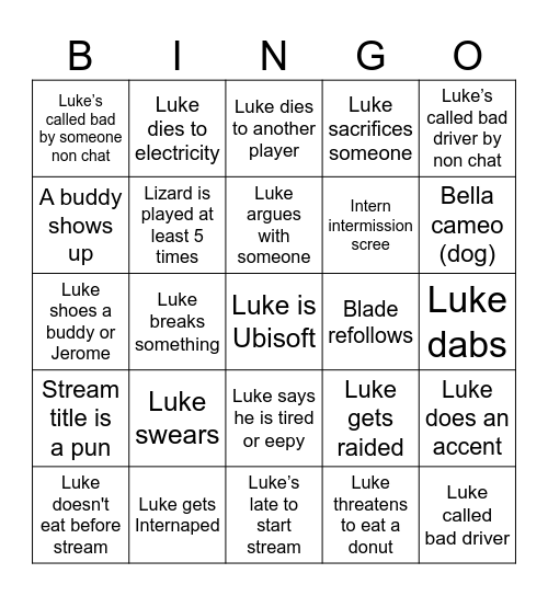 Luke Stream Bingo Card