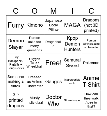 Comic Con Bingo Card
