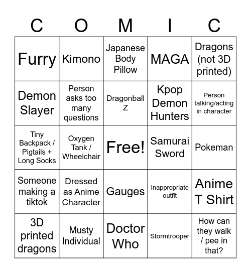 Comic Con Bingo Card