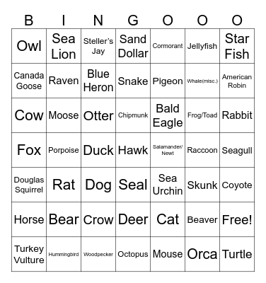 Wildlife Bingo Card