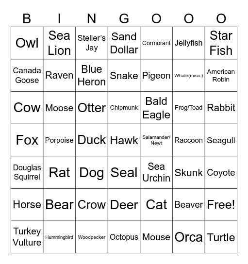 Wildlife Bingo Card