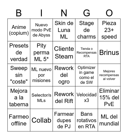 Epic Seven INFINIDAD Bingo Card
