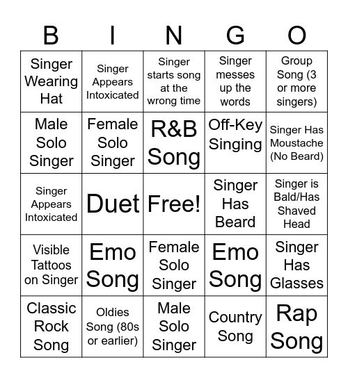 Karaoke Bingo Card