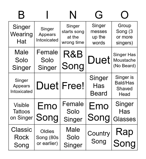 Karaoke Bingo Card