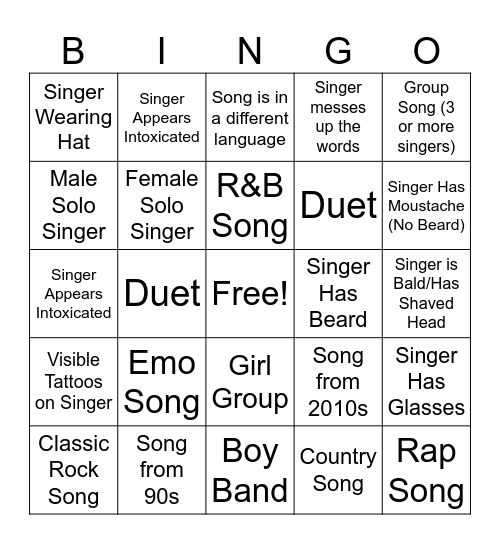 Karaoke Bingo Card