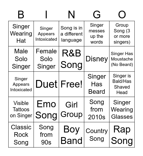 Karaoke Bingo Card