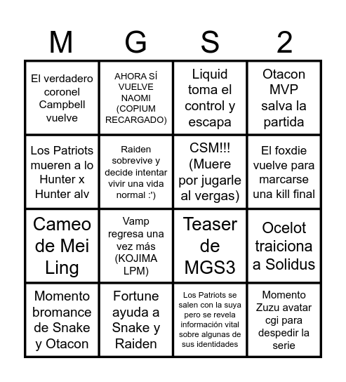 FINAL DE MGS2 Bingo Card