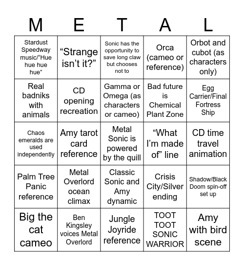 Sonic Movie 4 Bingo Card