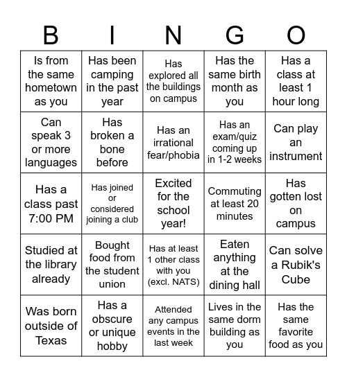 NATS Bingo Card