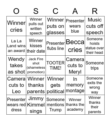 OSCAR PARTY 2017 Bingo Card
