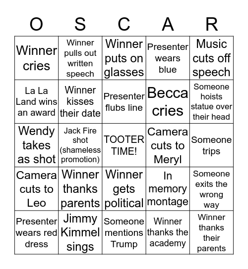 OSCAR PARTY 2017 Bingo Card