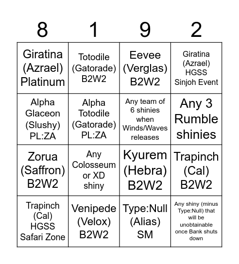 Shiny Bingo 2026 Bingo Card