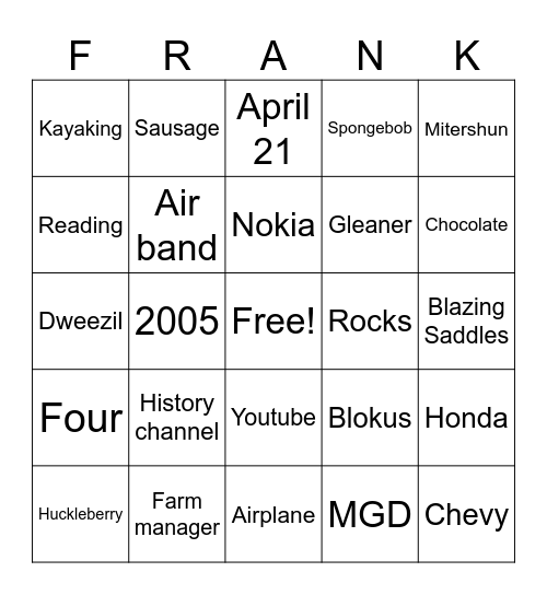 Frank's Bingo Card