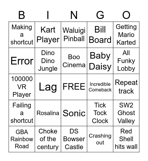 Mario Kart Retro Rewind Bingo Card