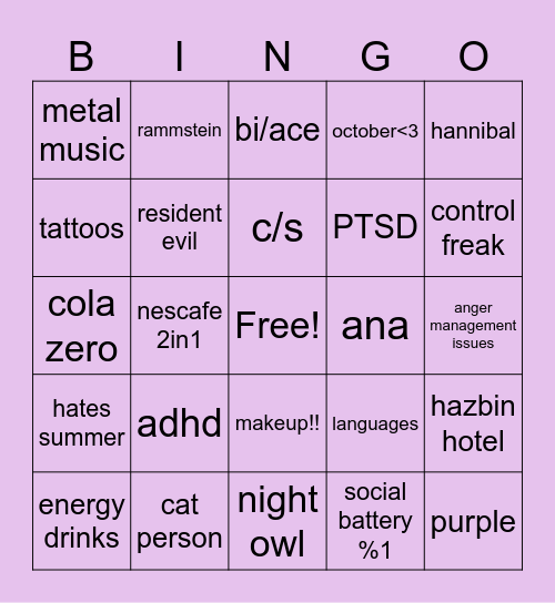 anya’s Bingo Card