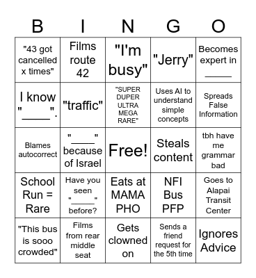 Waipahu Bus Keed Bingo Card