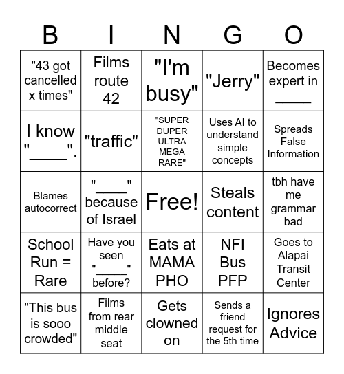 Waipahu Bus Keed Bingo Card