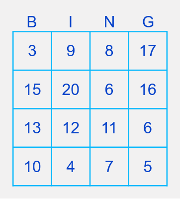 Numbers Bingo Card