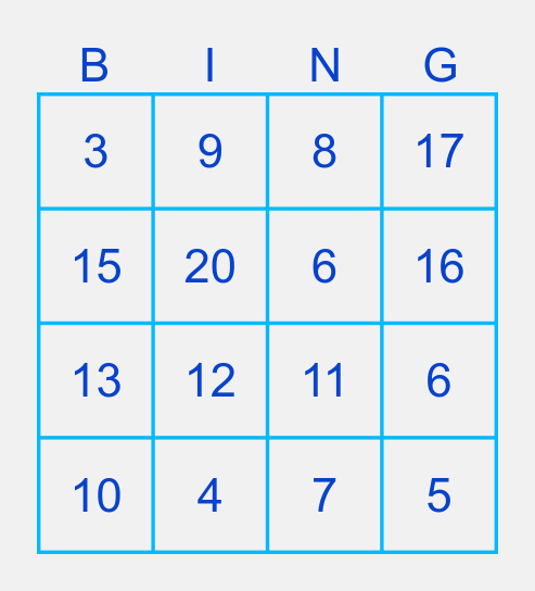 Numbers Bingo Card