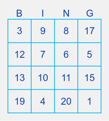 Numbers Bingo Card