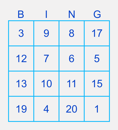 Numbers Bingo Card