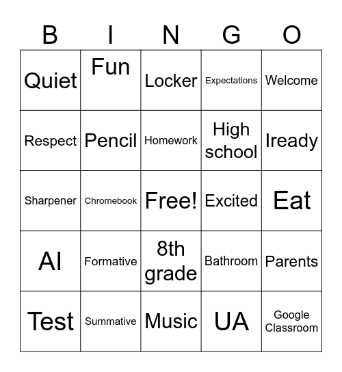 Back to School Bingo Card