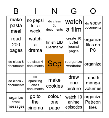 September Bingo Card