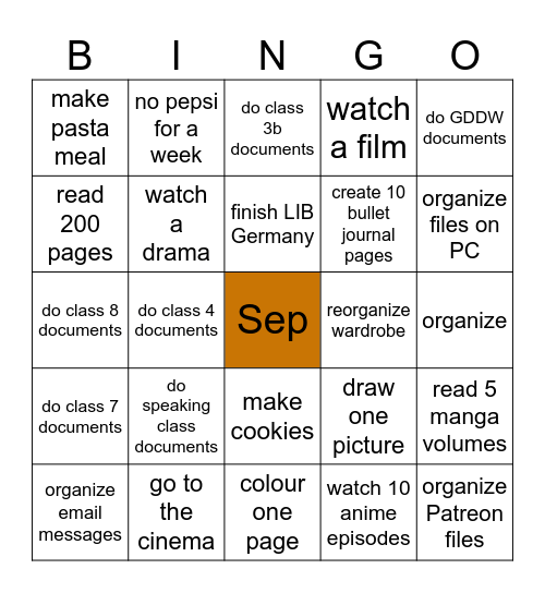 September Bingo Card