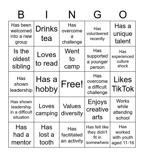Get to know you Bingo Card