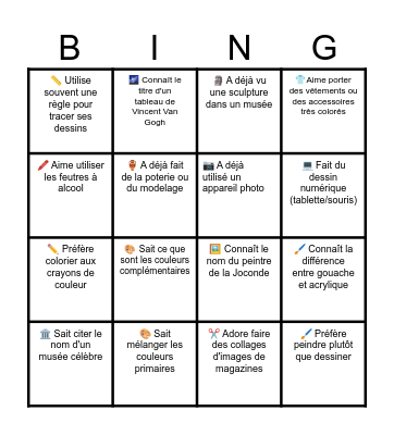 Le Bingo des Arts Plastiques Bingo Card