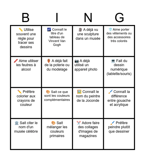 Le Bingo des Arts Plastiques Bingo Card