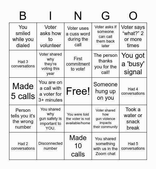 Voter Rescue Phonebank Bingo Card