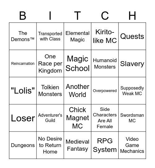 Isekai Board Bingo Card