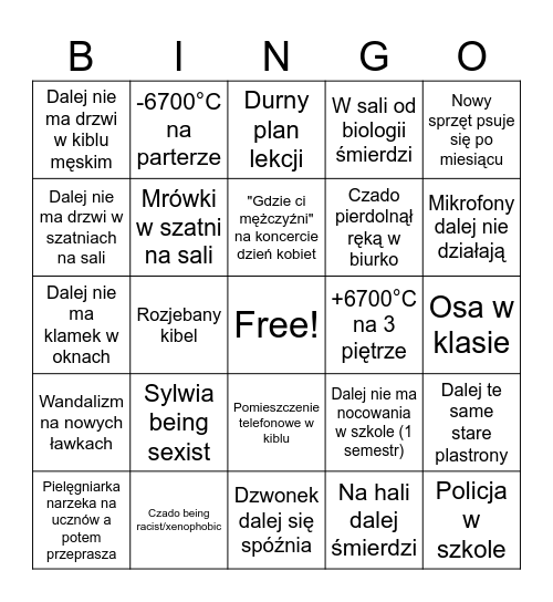 Bingo rok szkolny 26/27 w siódemce (1 semestr) Bingo Card