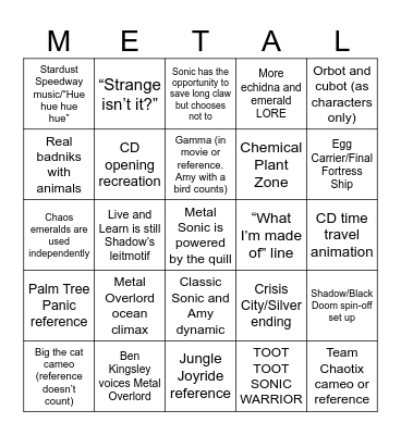 Sonic Movie 4 Bingo Card