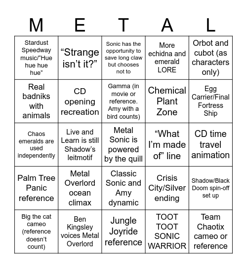 Sonic Movie 4 Bingo Card