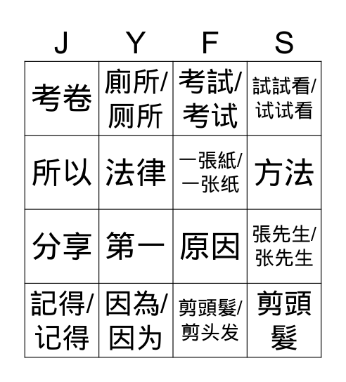 MZ Chinese B4L1W1 Bingo Card