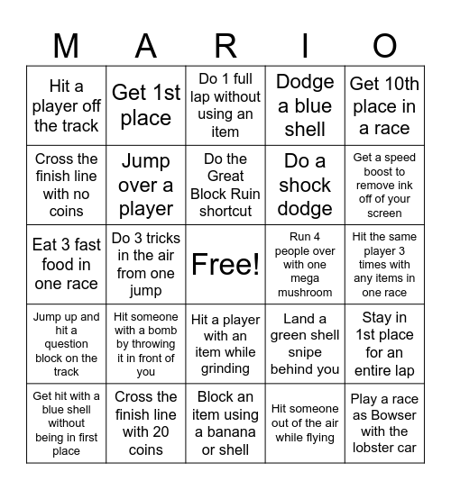 Mario Kart World Bingo Card