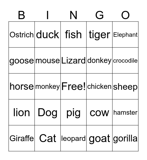 Animals Bingo Card