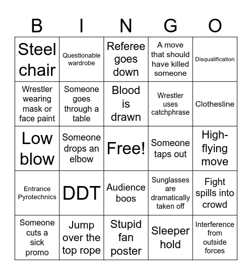 Wrestling Movie Bingo Card