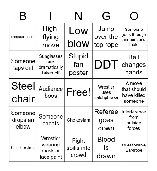 Wrestling Movie Bingo Card