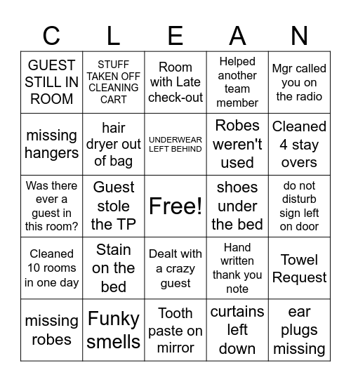 Housekeeping Bingo Card