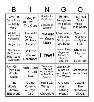 nicole's bday MUSIC bingo Card