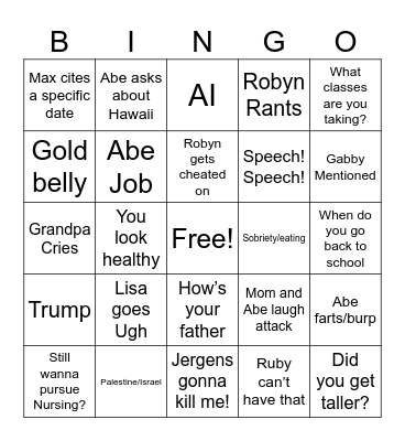 Family Meal Bingo Card