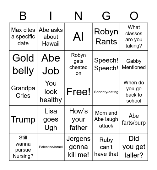 Family Meal Bingo Card